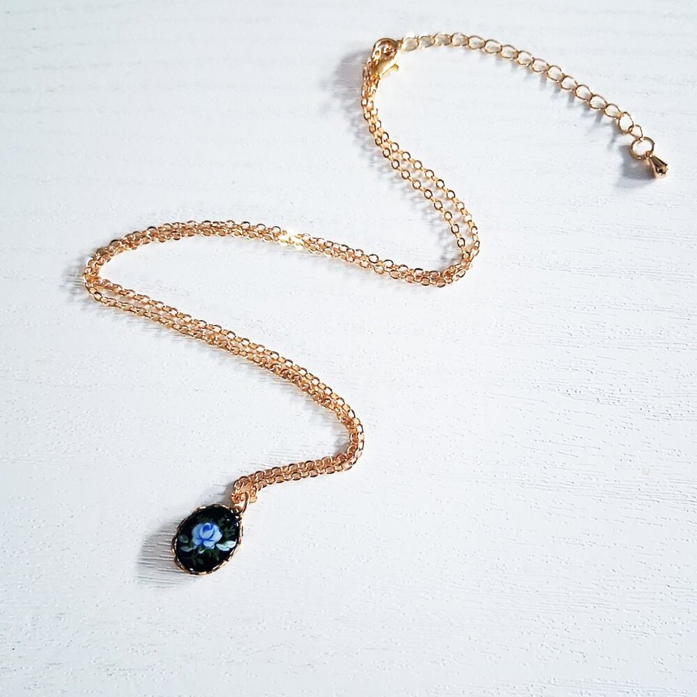 Blue Floral Pendant Necklace, Vintage Rose Oval Charm Dainty Gold Plated Chain